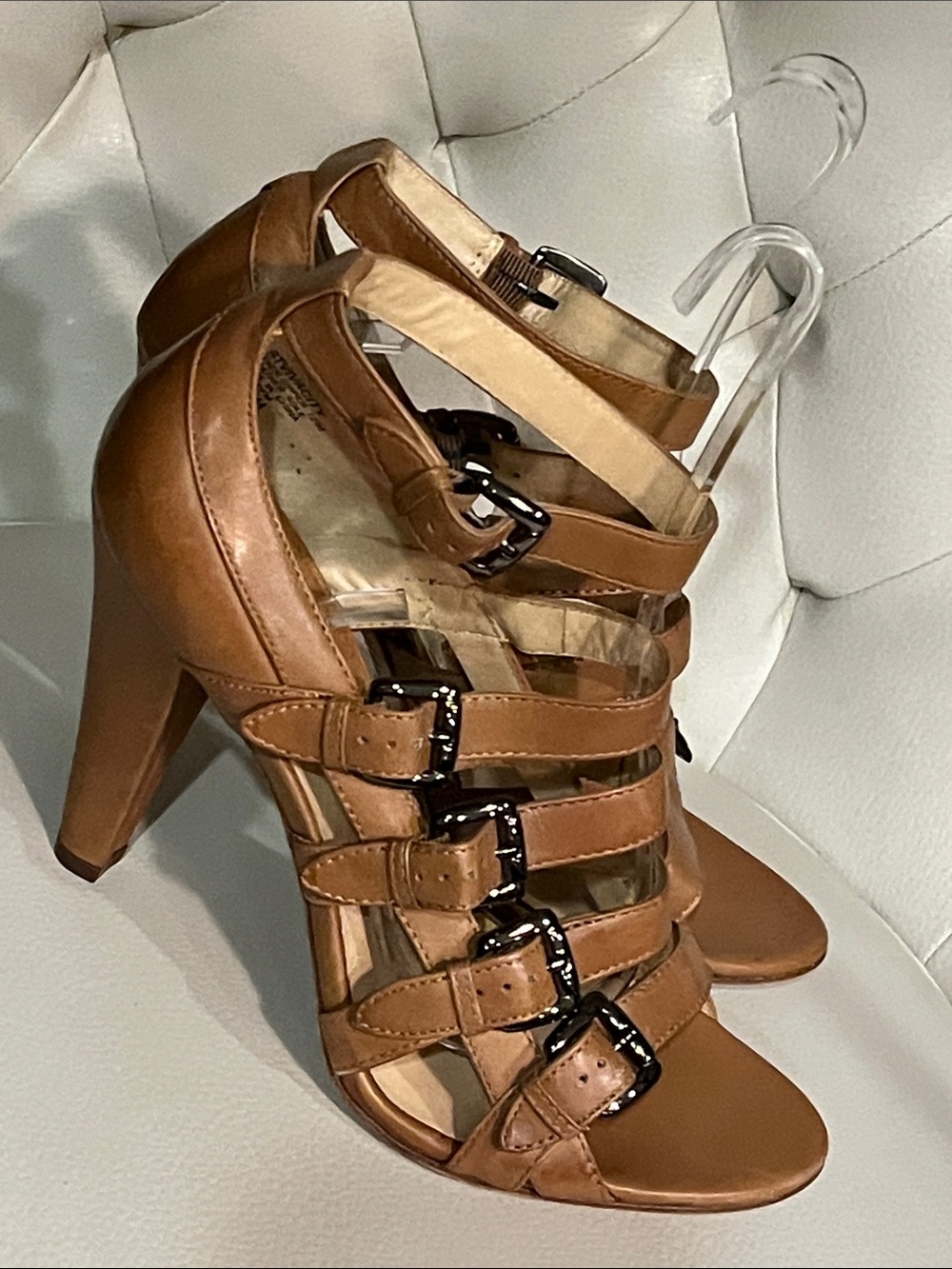 Boutique 9 Tan Strappy Buckle High Heel Sandals